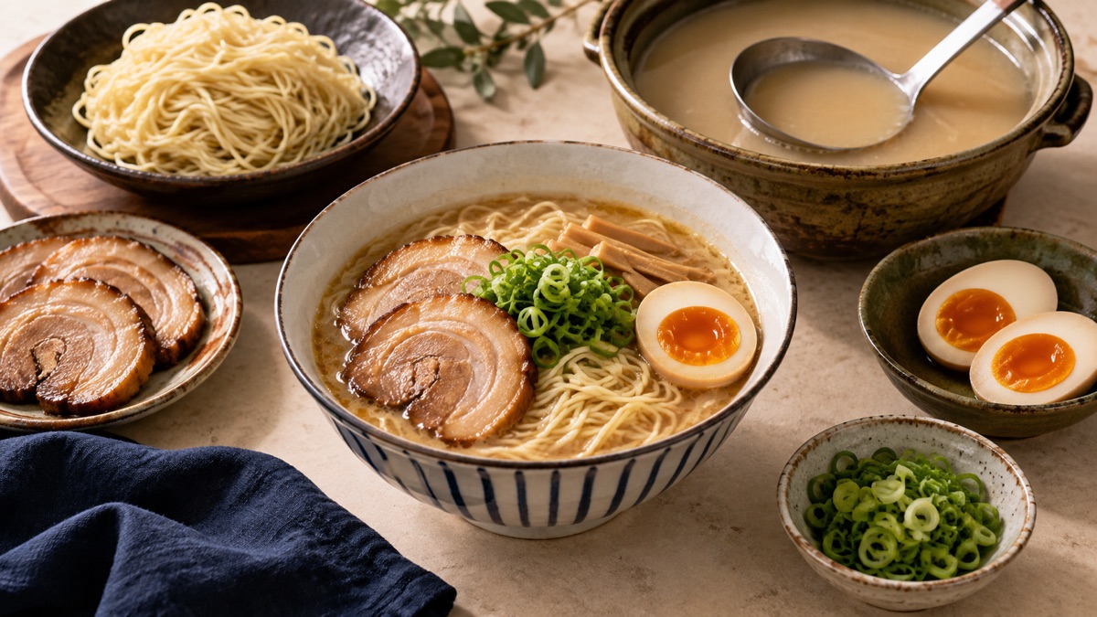 ラーメン一杯と、麺、スープ、チャーシュー、卵の材料