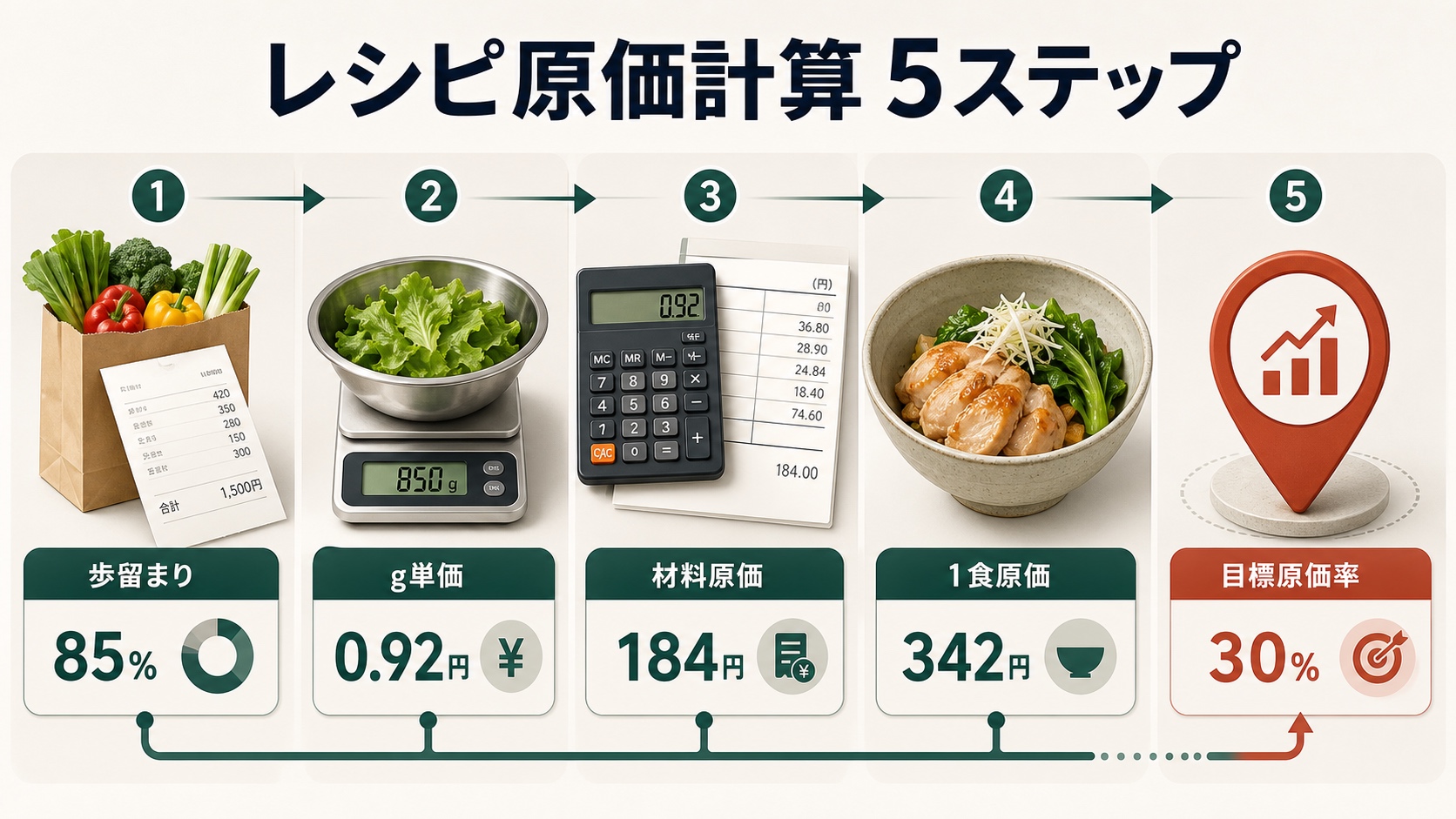 レシピ原価計算5ステップ：歩留まり、g単価、材料原価、1食原価、販売価格を順に確認する図
