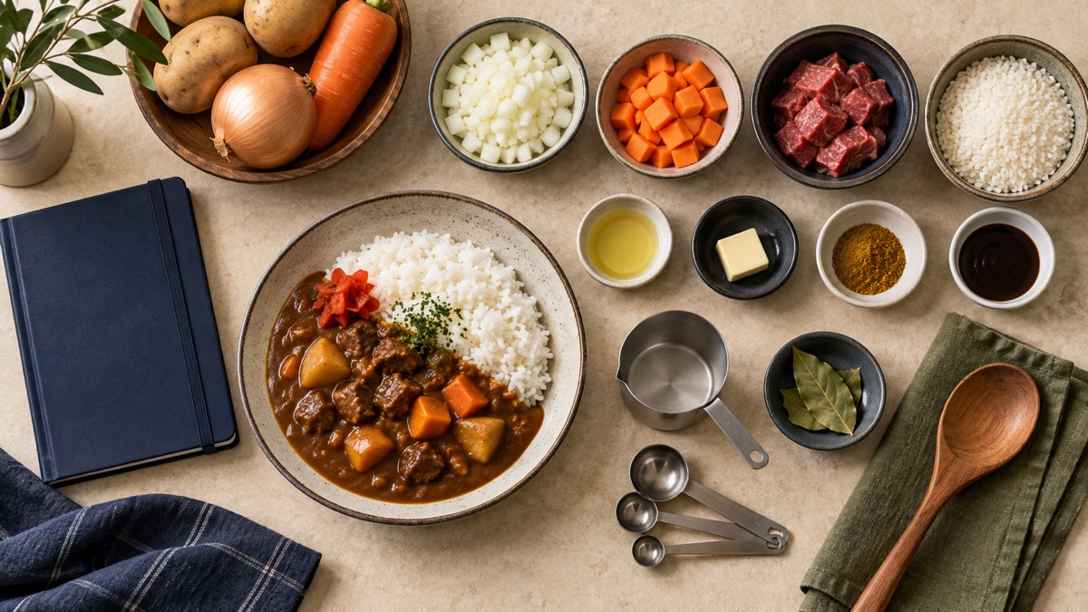 カレーライスと材料を並べ、料理ごとの原価を整理する作業台