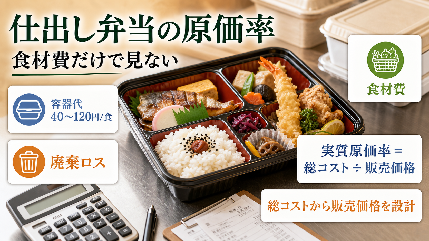 仕出し弁当の食材費、容器代、廃棄ロス、実質コスト率を文字入りで整理した原価率インフォグラフィック