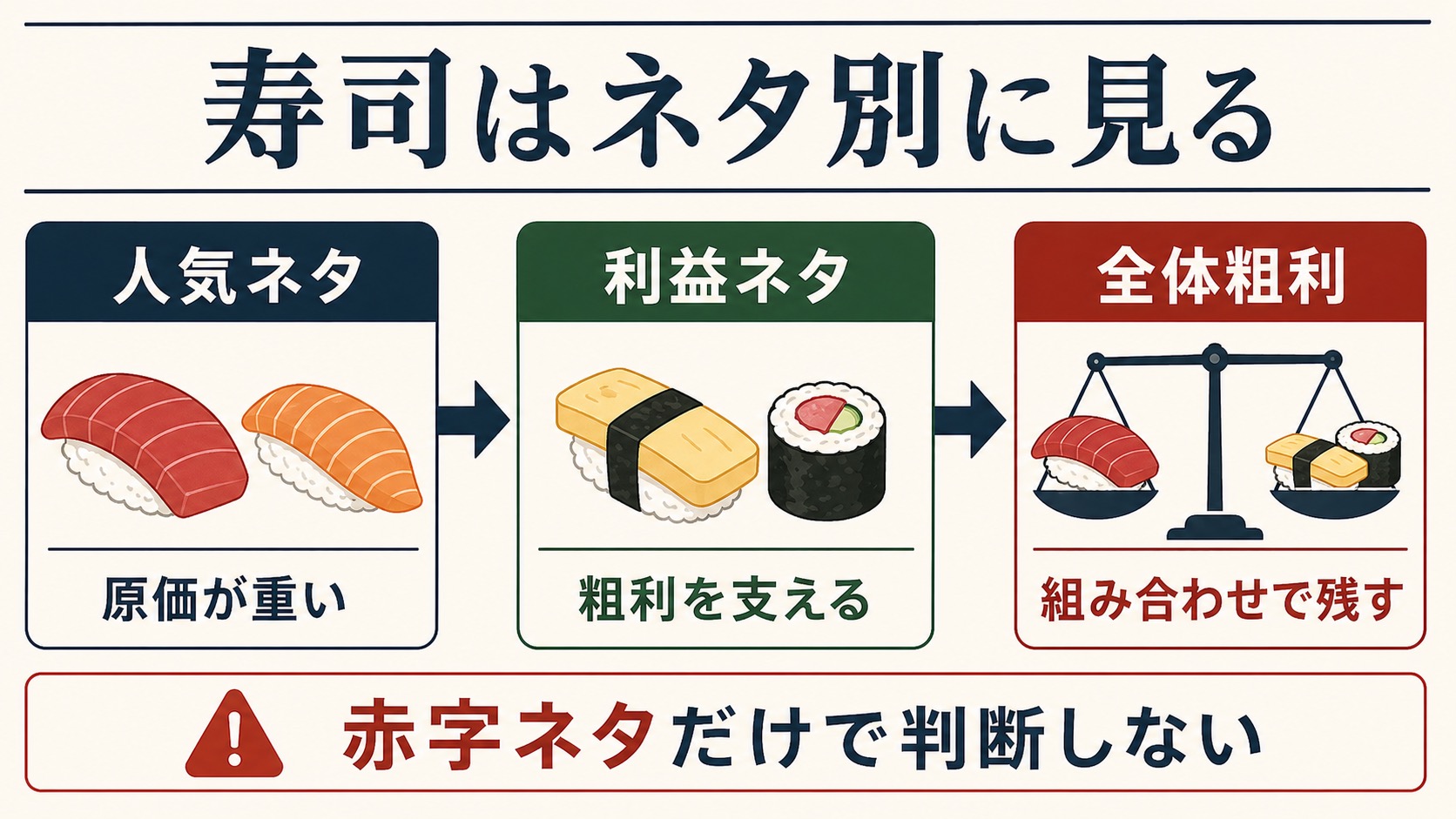 寿司は人気ネタ、利益ネタ、全体粗利の組み合わせで判断する