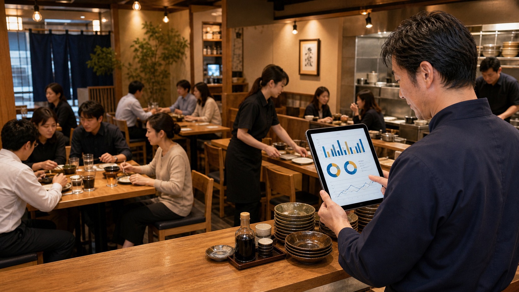 飲食店の回転率を来店組数、テーブル数、客単価から売上目安につなげる計算イメージ