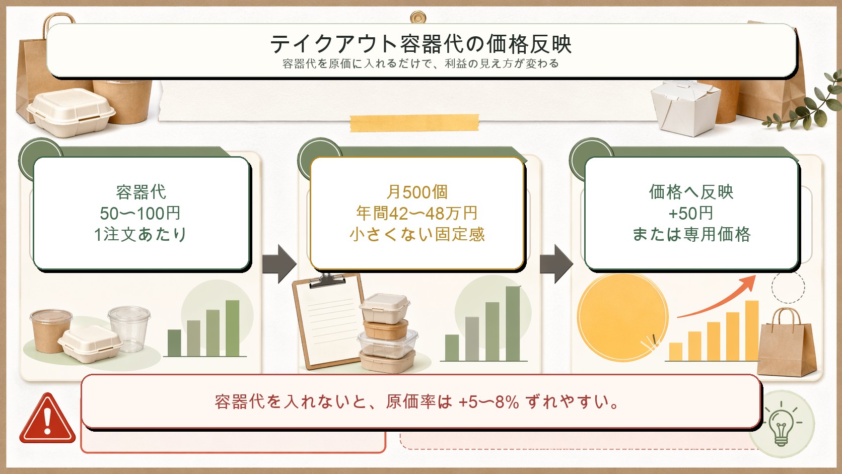 テイクアウト容器代、月間コスト、価格反映を整理するインフォグラフィック