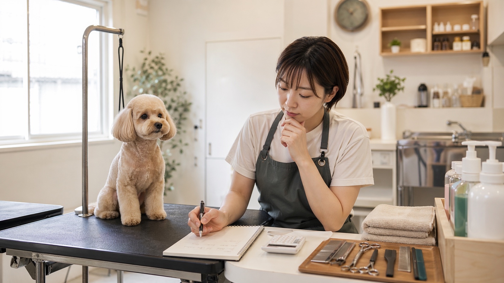 トリミングサロンで小型犬の料金と1頭原価を確認している作業風景