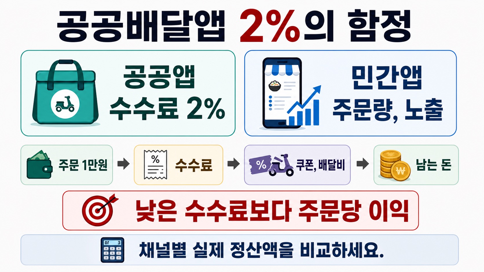 공공배달앱 2% 수수료와 민간앱 주문량, 노출을 주문 1만원 기준 실제 정산액으로 비교하는 인포그래픽