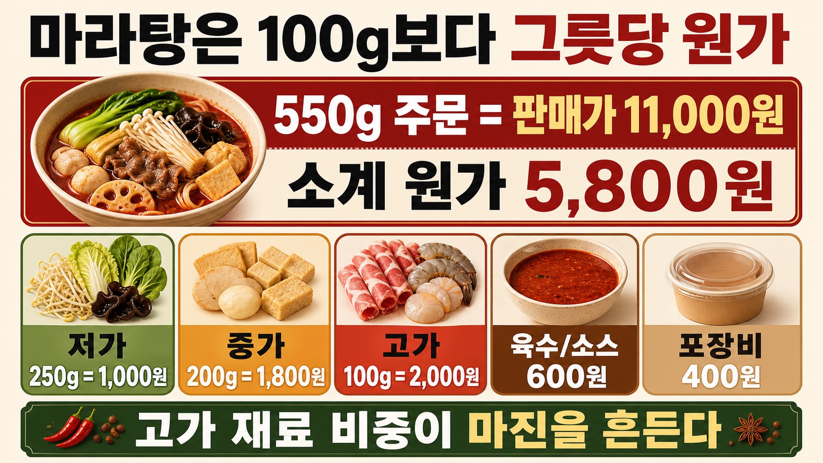 마라탕 550g 주문은 저가 재료 250g, 중가 재료 200g, 고가 재료 100g, 육수와 포장비를 더해 판매가 11,000원 중 원가 5,800원을 먼저 봐야 한다