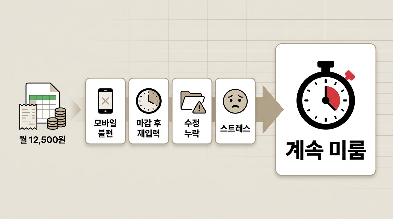 월 12,500원, 모바일 불편, 마감 후 재입력, 수정 누락, 스트레스가 결국 계속 미룸으로 이어지는 한국어 인포그래픽