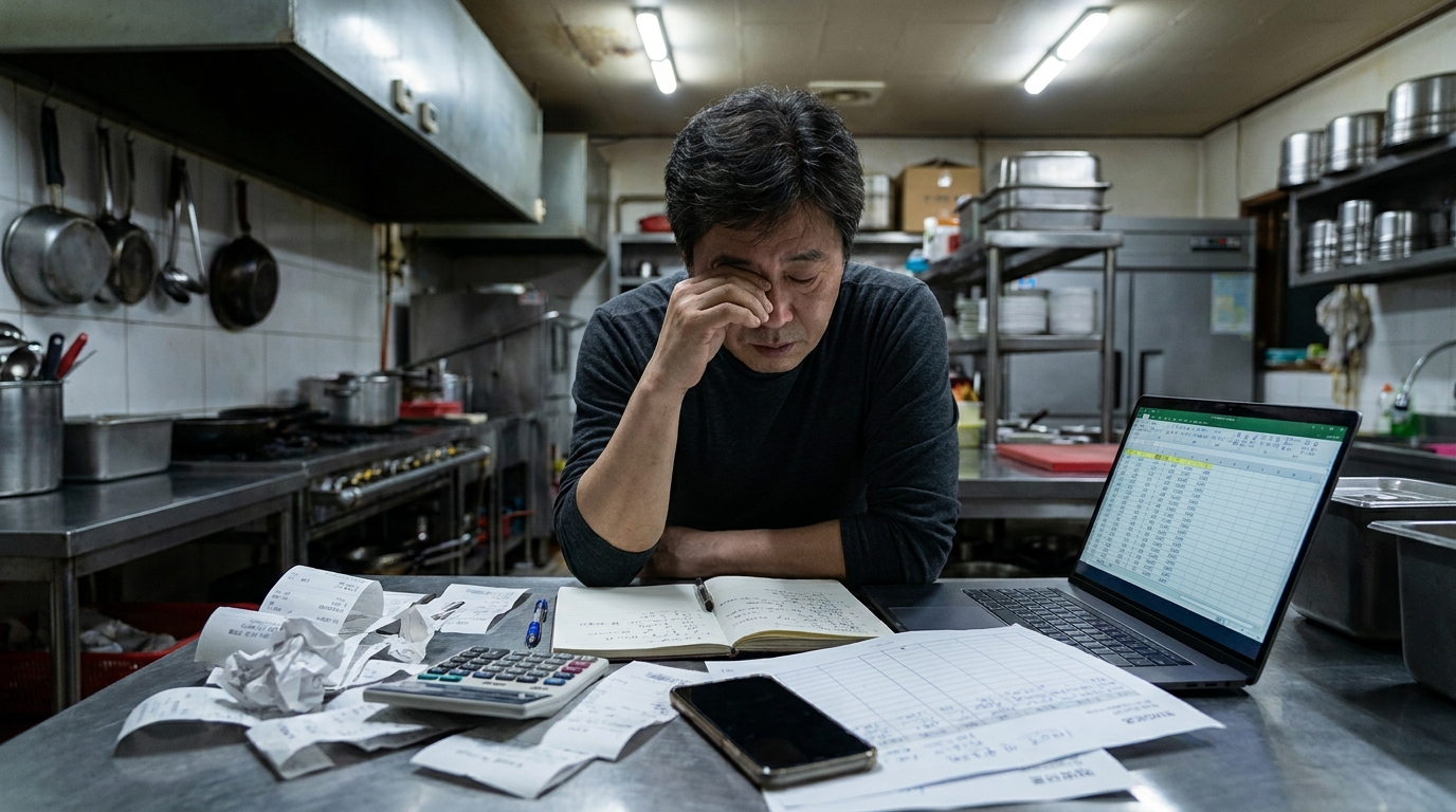 영수증과 계산기, 노트북 엑셀 화면 앞에서 마감 후 원가표를 다시 확인하는 식당 사장님 이미지