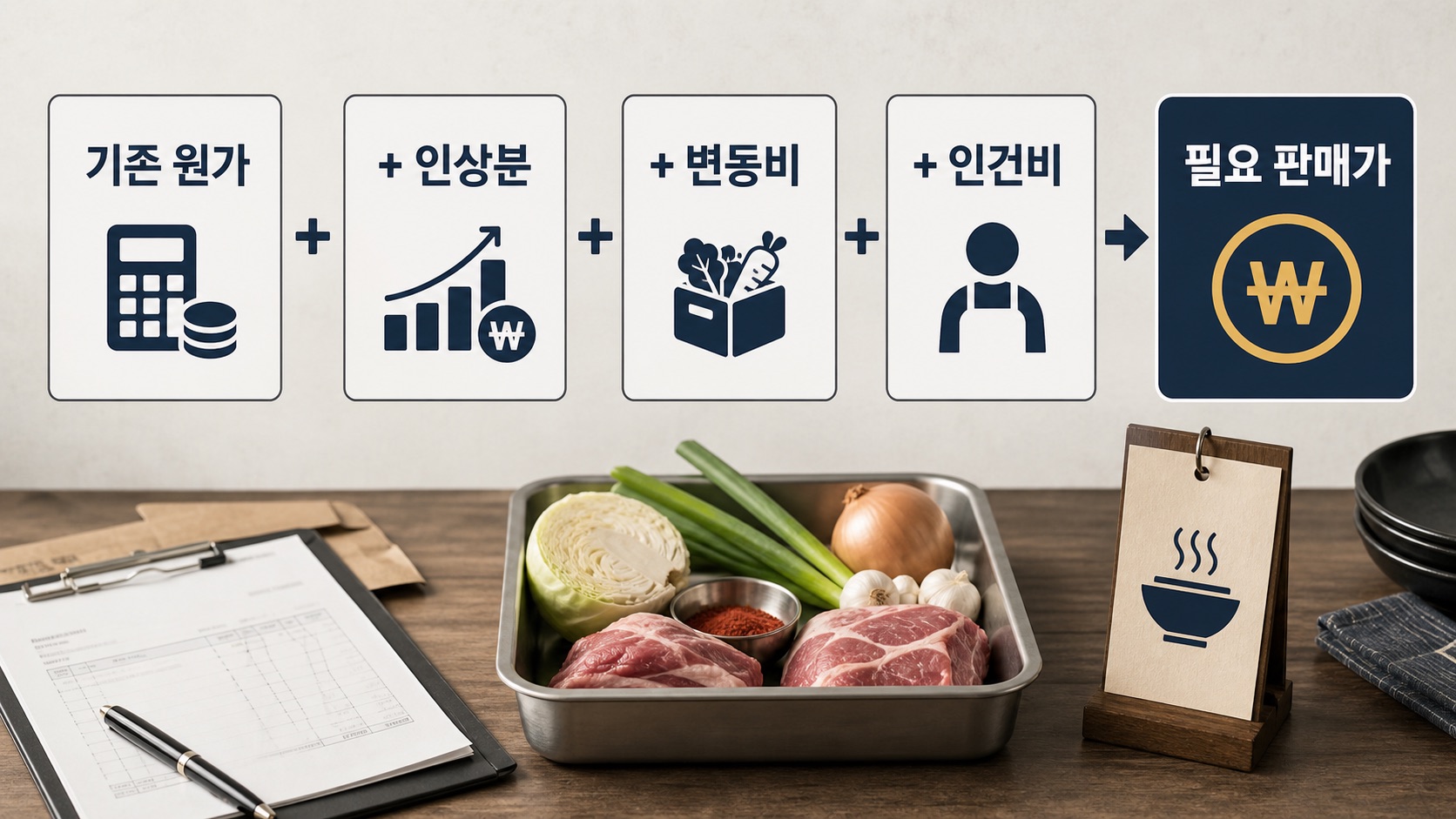 기존 원가, 인상분, 변동비, 인건비를 더해 필요한 판매가를 계산하는 흐름