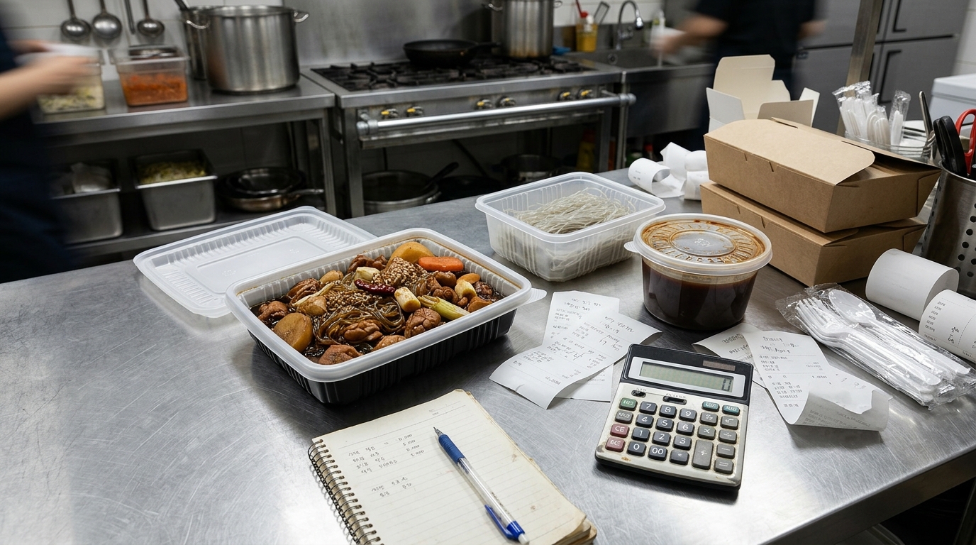 찜닭 배달 용기와 당면, 포장 박스, 계산기, 영수증이 함께 놓인 주방 작업대 이미지