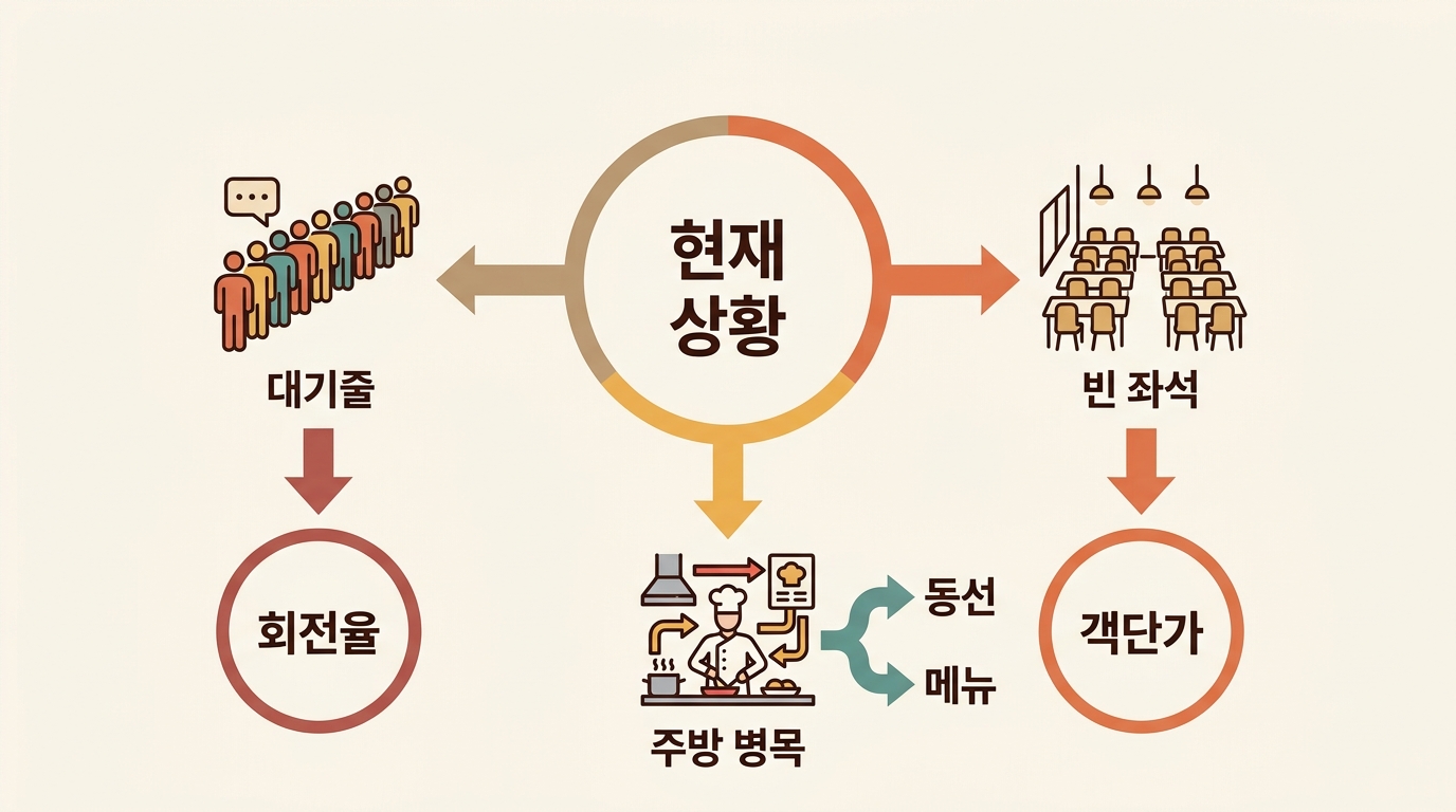 대기줄, 빈 좌석, 주방 병목 상황에 따라 회전율과 객단가 중 무엇을 먼저 볼지 보여주는 인포그래픽
