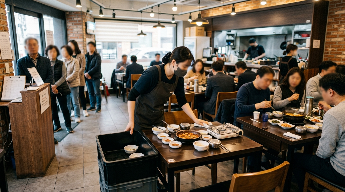 테이블 정리, 대기 손님, 좌석 회전 준비가 동시에 보이는 식당 운영 흐름 이미지