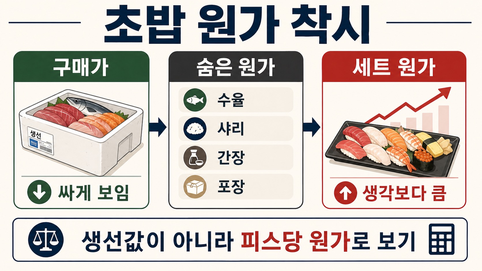 초밥 원가는 생선 구매가가 아니라 수율, 샤리, 간장, 포장까지 넣은 피스당 원가로 봐야 한다