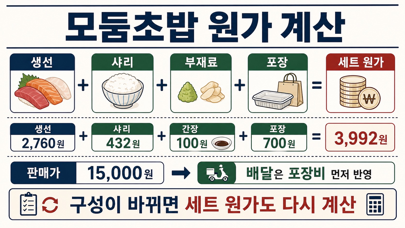 모둠초밥 세트 원가는 생선, 샤리, 부재료, 포장을 더해 계산한다