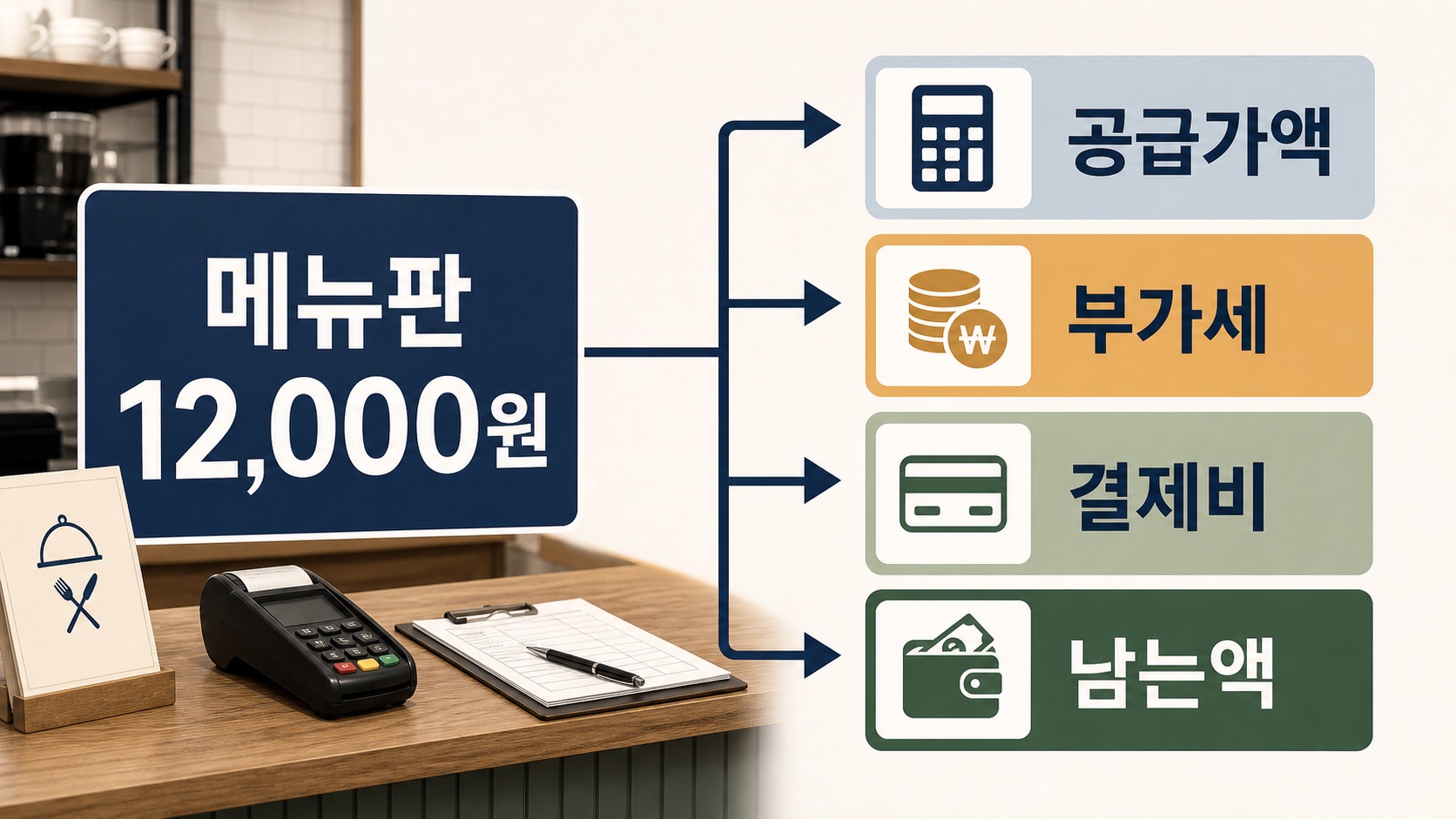 부가세 포함 메뉴판 가격은 공급가액, 부가세, 결제비, 남는액으로 나눠 봐야 한다