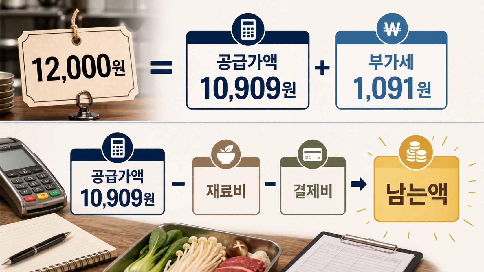 12,000원 부가세 포함 가격을 공급가액과 부가세로 나누고 재료비와 결제비를 빼 남는액을 보는 계산 흐름
