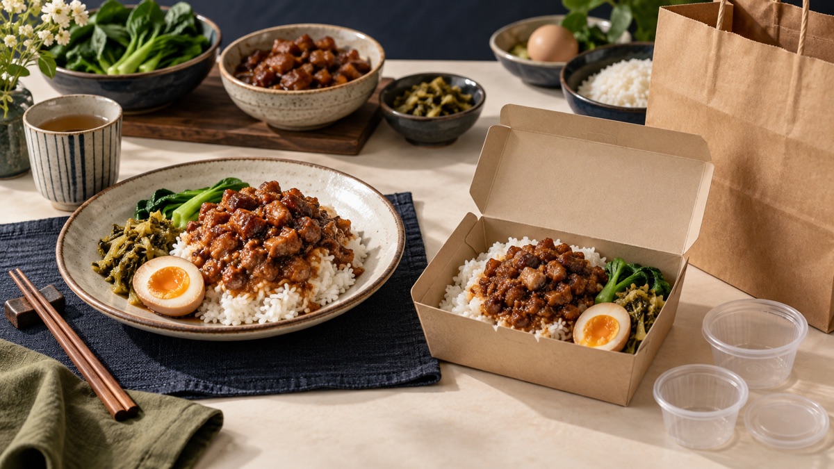 內用餐點與外送包裝並列，呈現食材以外的包材成本