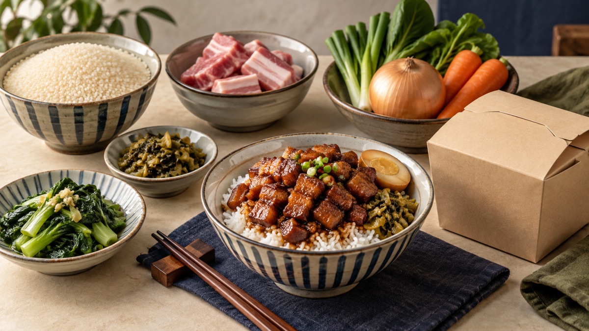 滷肉飯、米與肉類蔬菜，呈現餐點與食材成本的關係