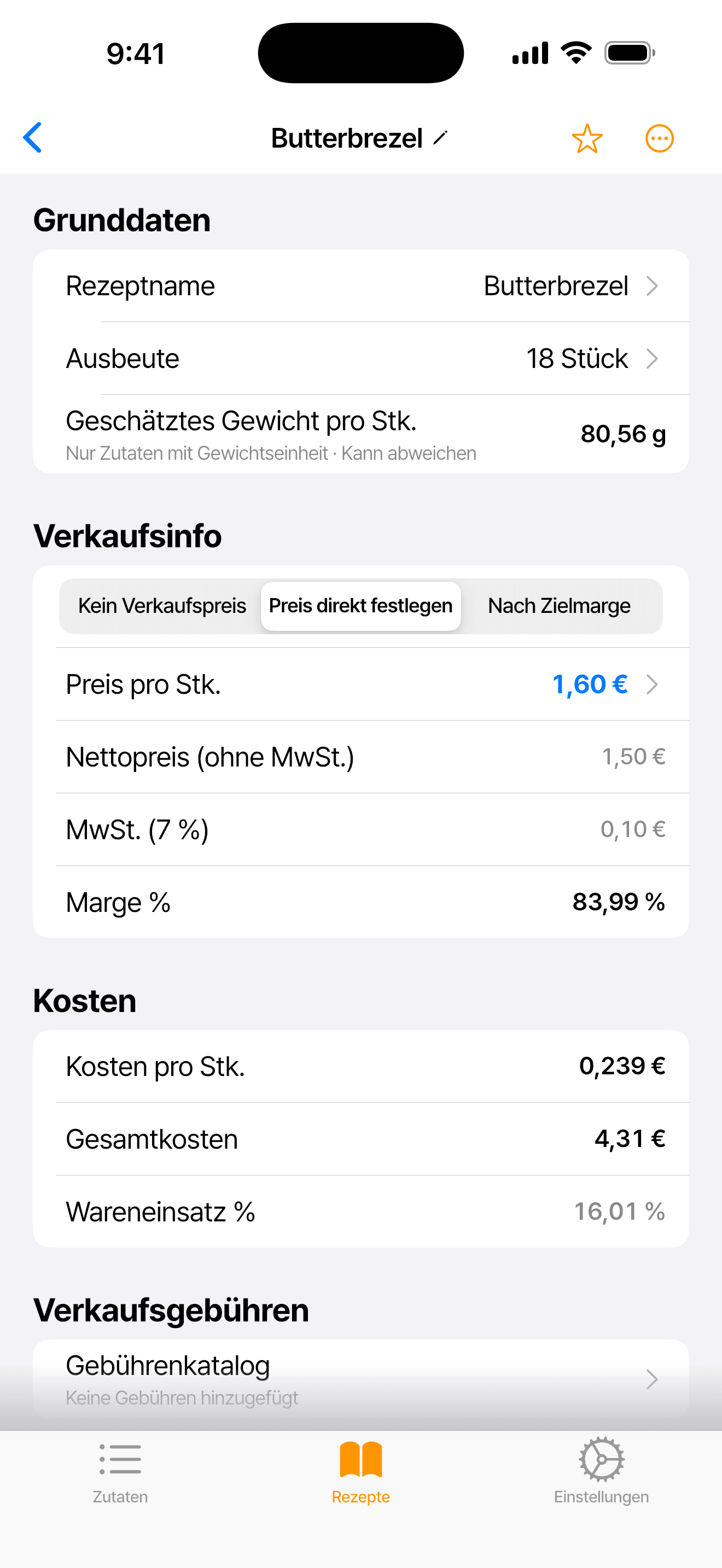 App-Bildschirm mit dem Rezept Butterbrezel: Verkaufspreis inkl. MwSt., Nettopreis, MwSt. 7 %, Kosten pro Stück und Wareneinsatz