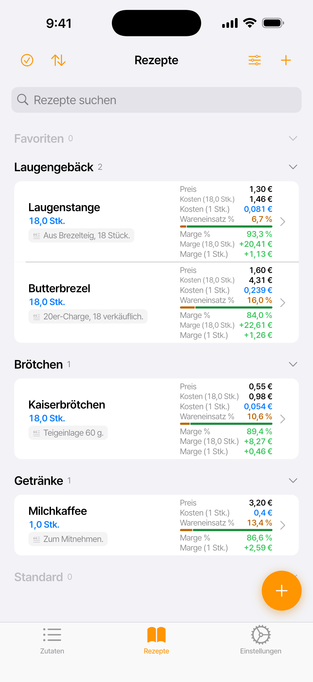 Rezeptliste einer Bäckerei (Butterbrezel, Laugenstange, Kaiserbrötchen, Milchkaffee) mit Kosten und dem, was pro Stück übrig bleibt
