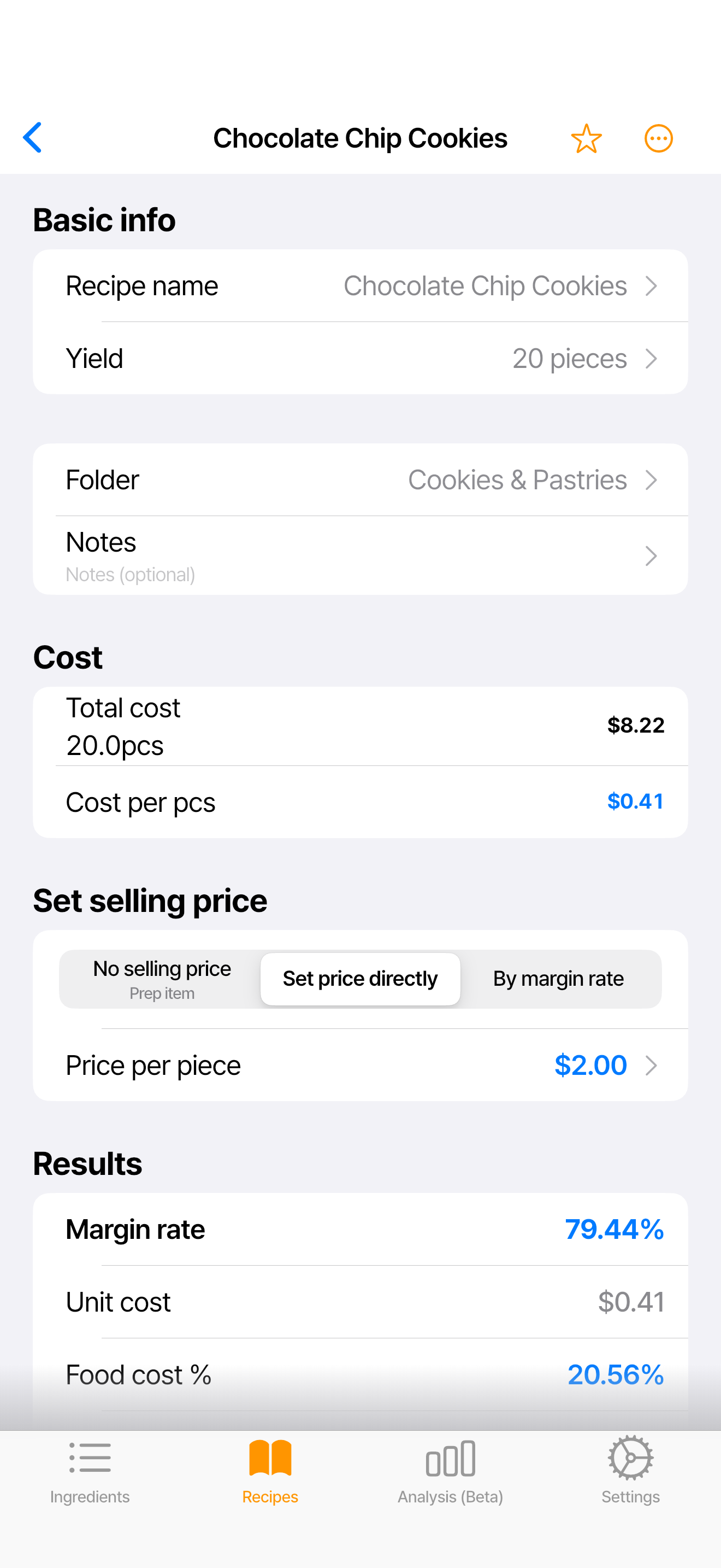 Cost calculation result