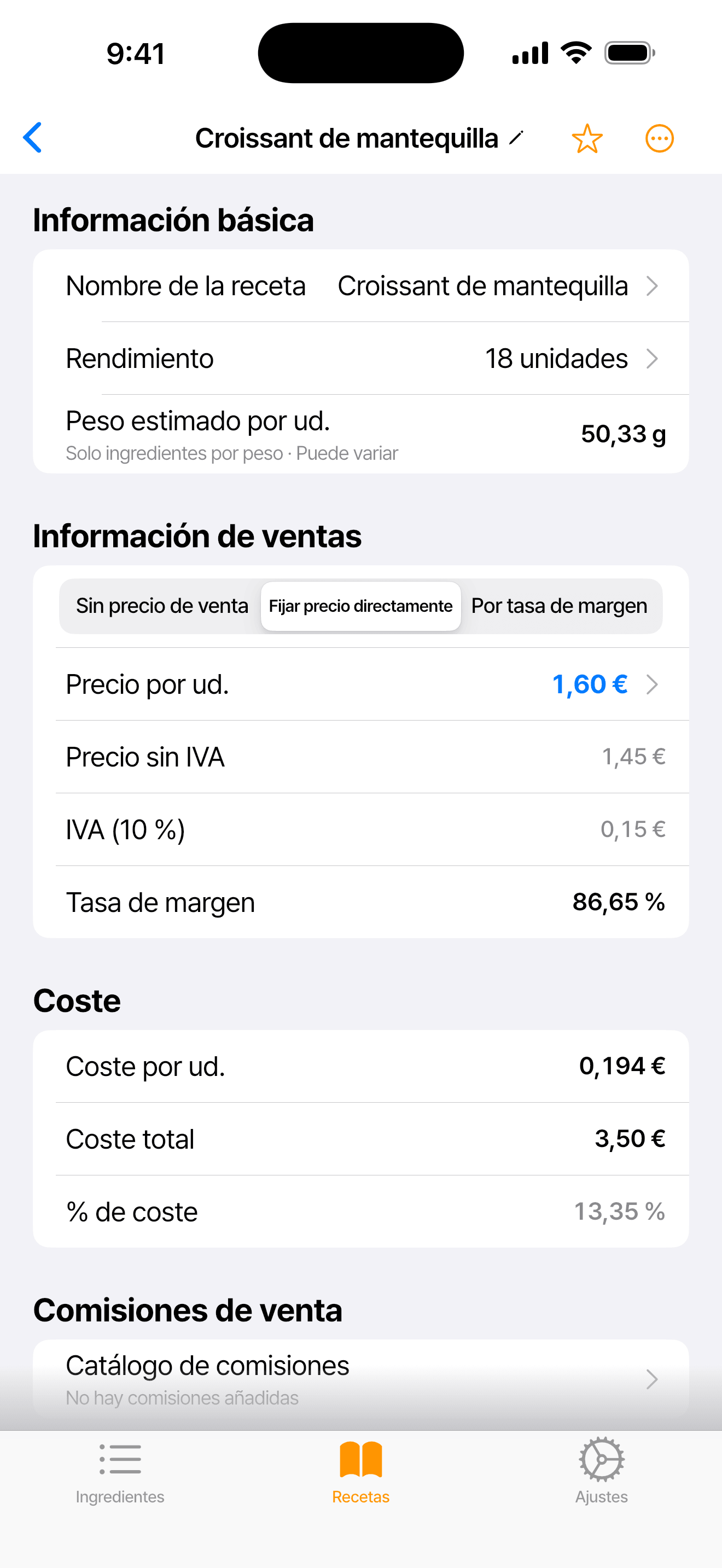 Pantalla de la app con la receta Croissant de mantequilla: precio de venta con IVA, precio sin IVA, IVA del 10 %, coste por unidad y % de coste