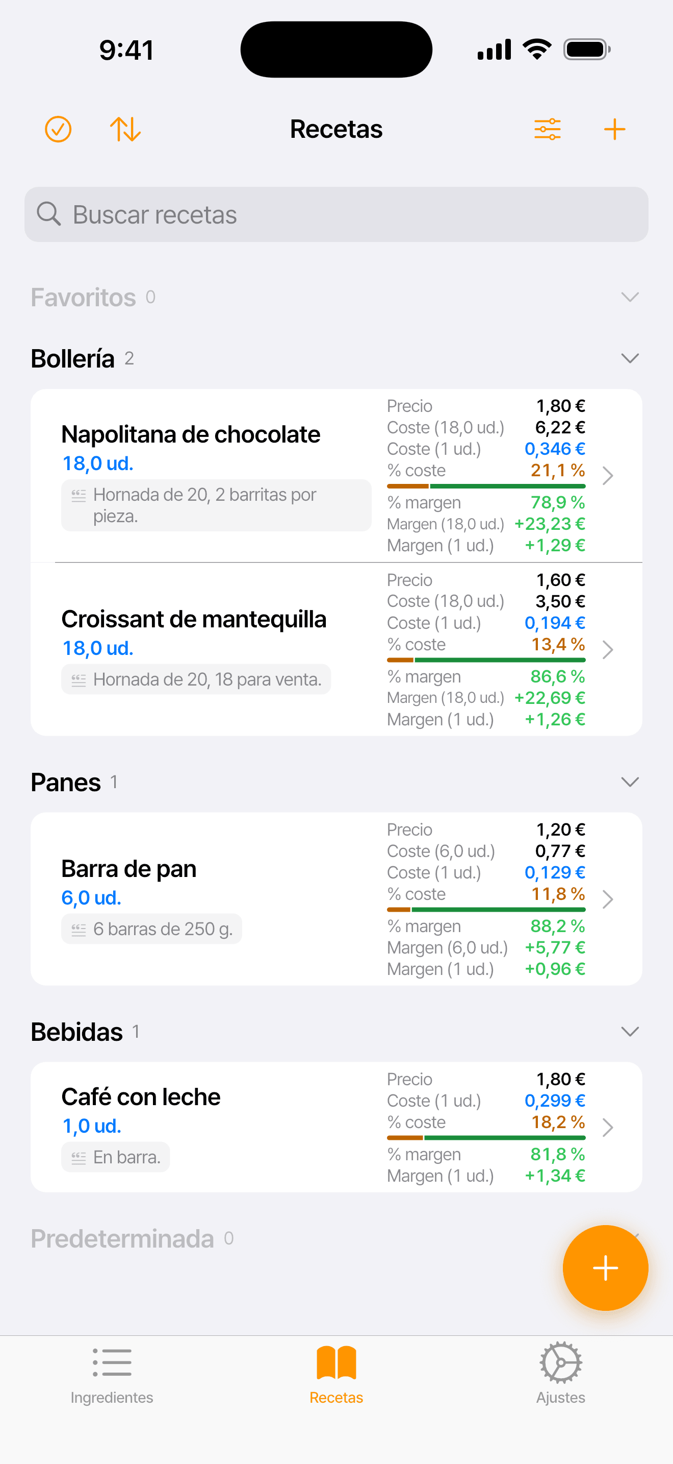 Lista de recetas de un obrador (croissant, napolitana de chocolate, barra de pan, café con leche) con el coste y lo que queda por unidad