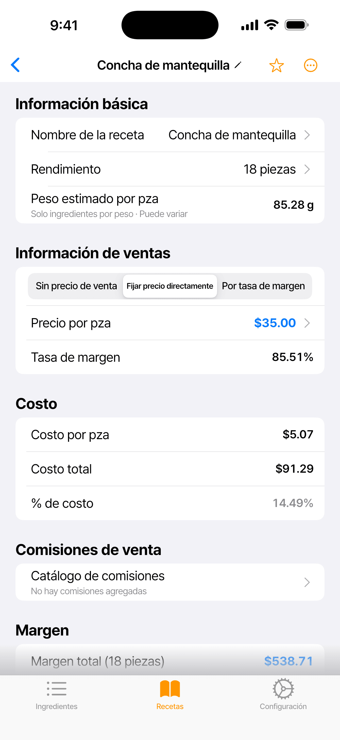 Pantalla de la app con la receta Concha de mantequilla: precio por pieza, tasa de margen, costo por pieza y % de costo