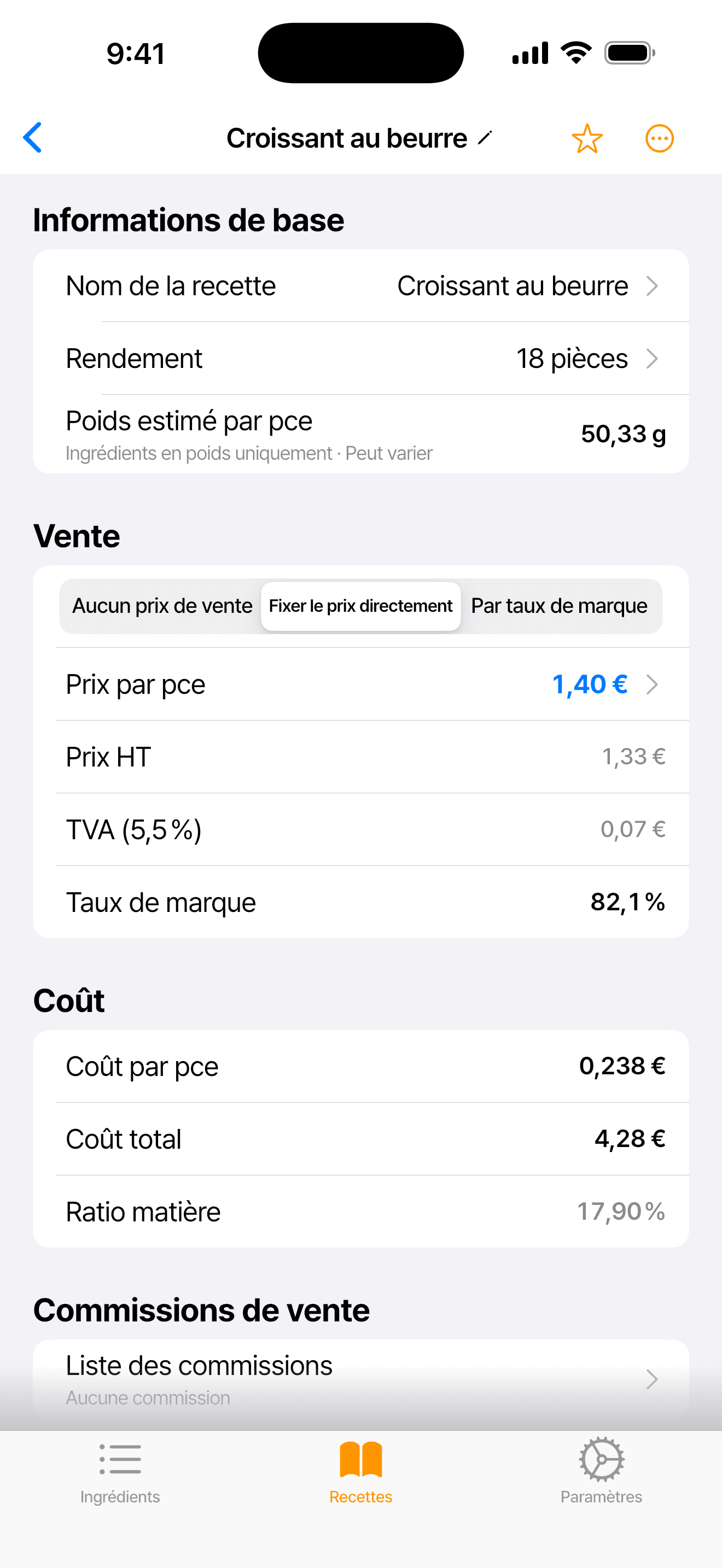 Écran de l’app montrant la fiche du croissant au beurre : prix de vente TTC, prix HT, TVA à 5,5 %, coût par pièce et ratio matière