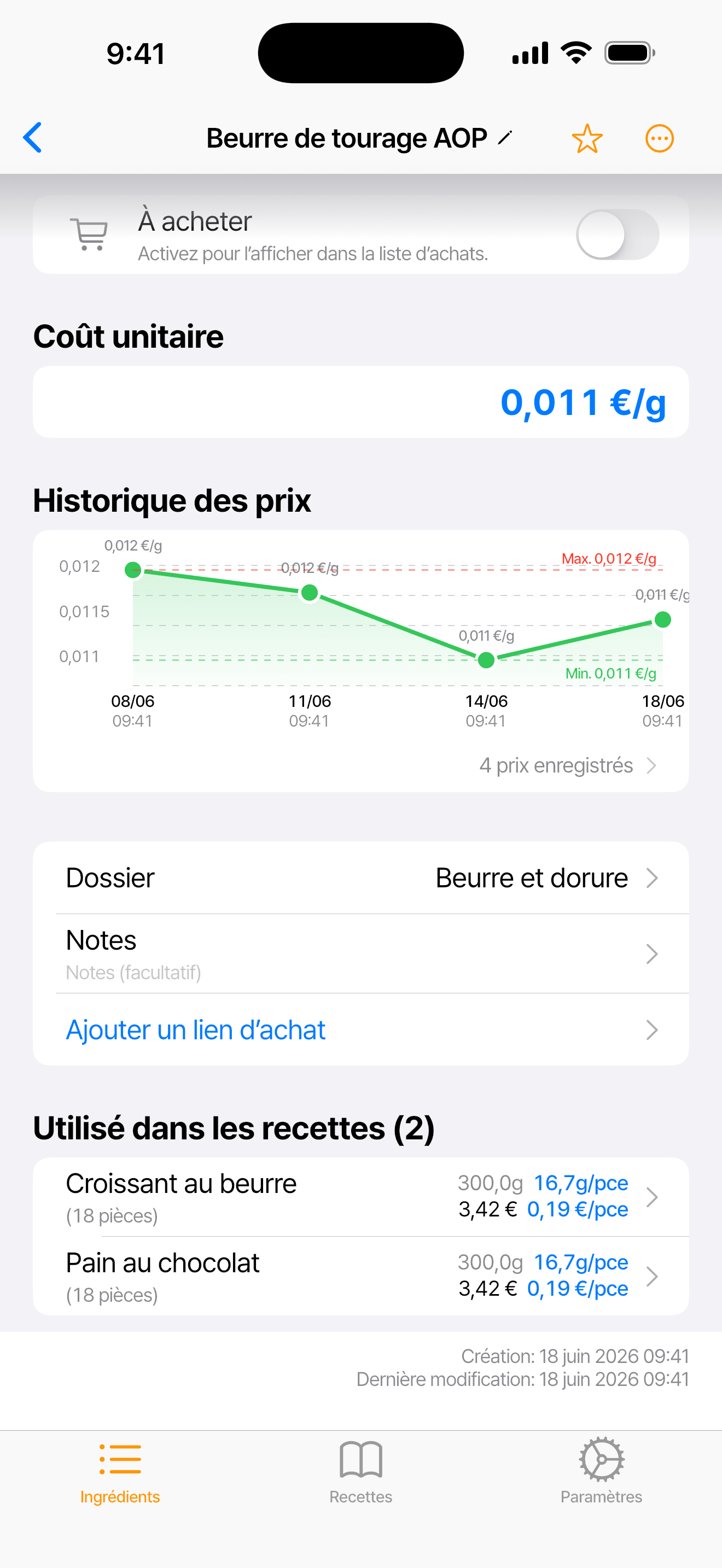 Fiche du beurre de tourage AOP avec coût unitaire, historique des prix et recettes qui l’utilisent