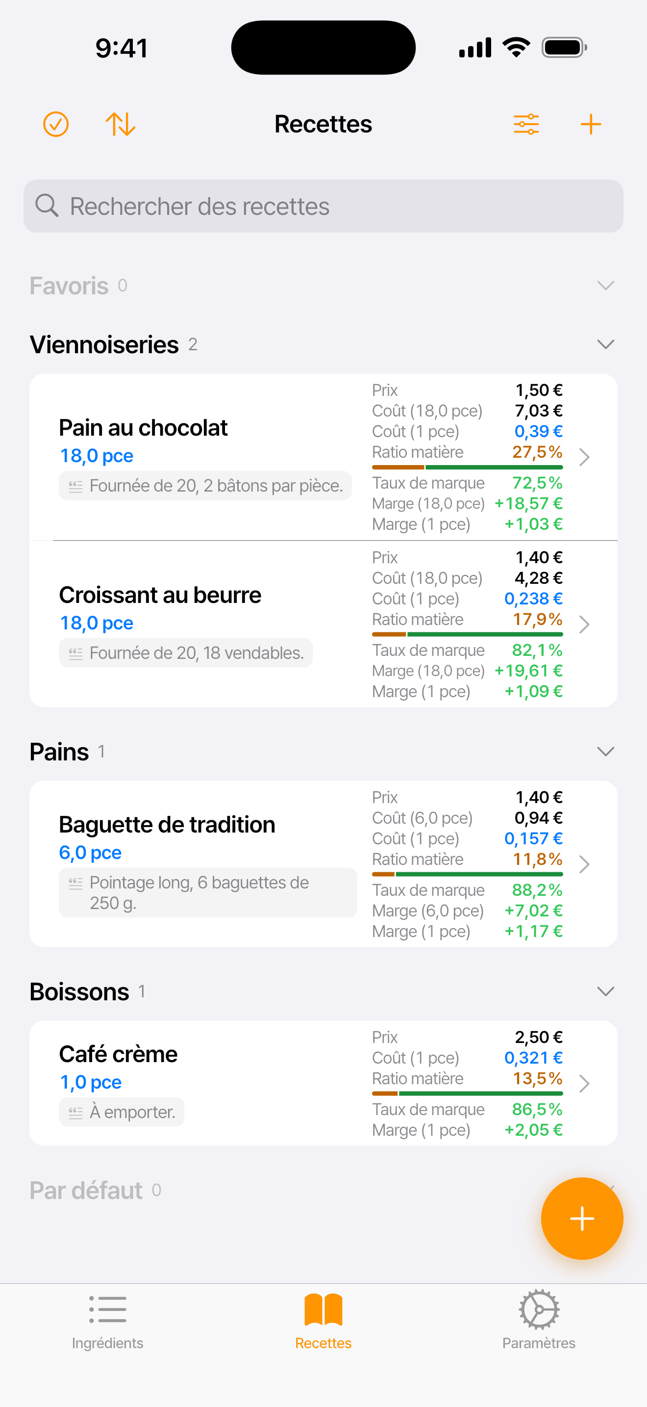 Liste des recettes d’une boulangerie (croissant, pain au chocolat, baguette de tradition, café crème) avec le coût et ce qu’il reste par pièce