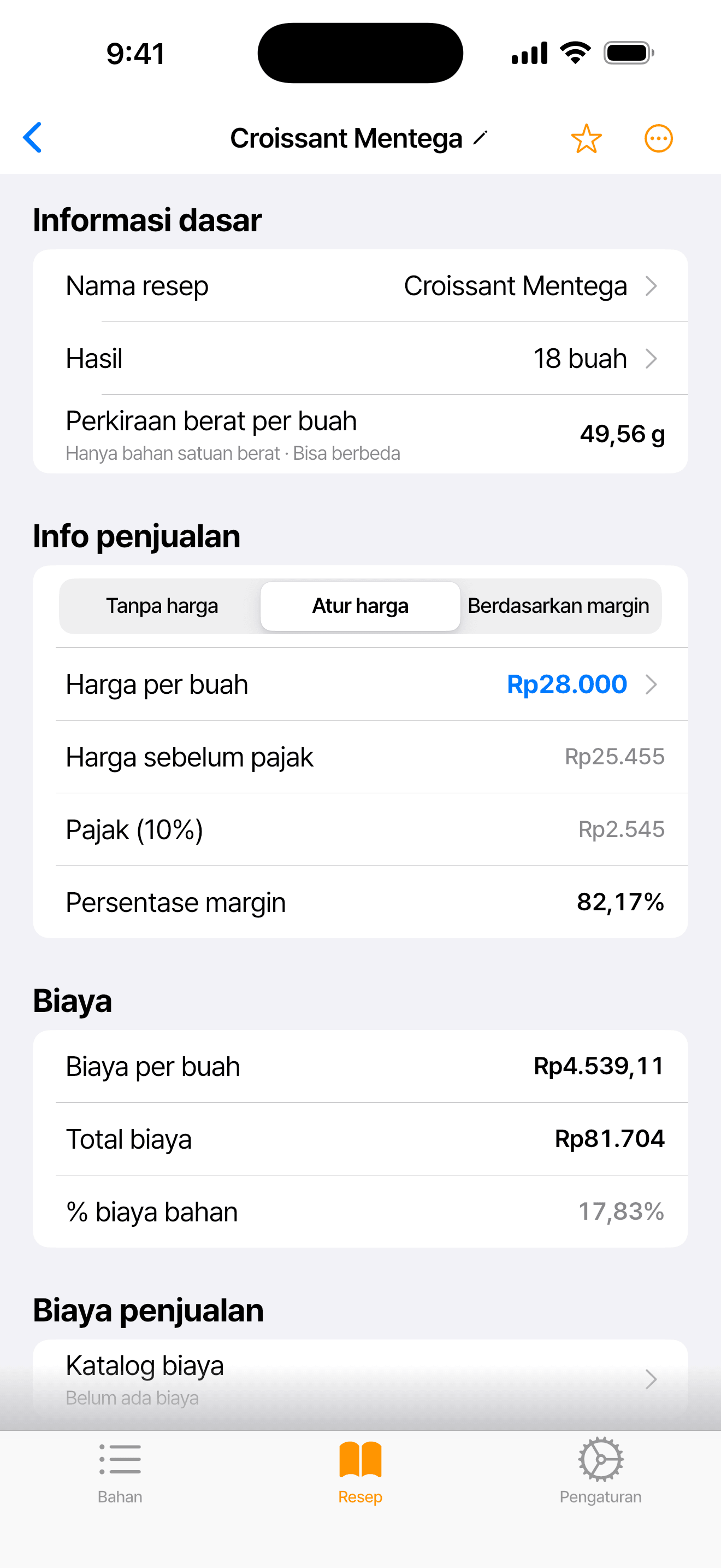 Layar aplikasi menampilkan resep Croissant Mentega: harga jual, harga sebelum pajak, pajak 10%, biaya per buah, dan persentase biaya bahan