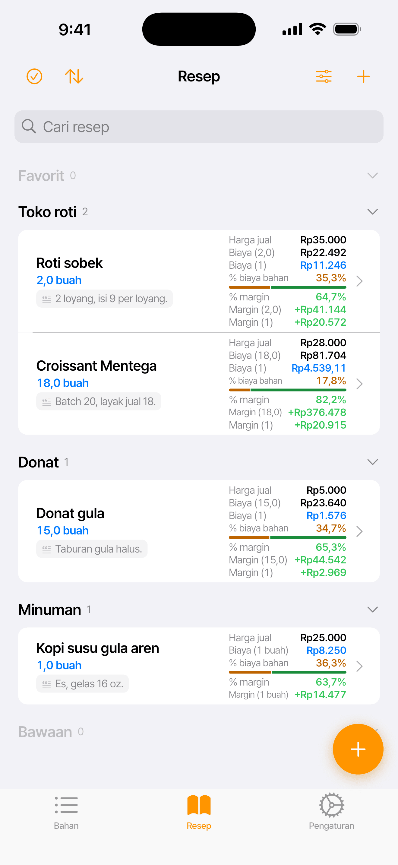 Daftar resep dengan Croissant Mentega: harga jual, HPP per buah, dan sisa uang per buah
