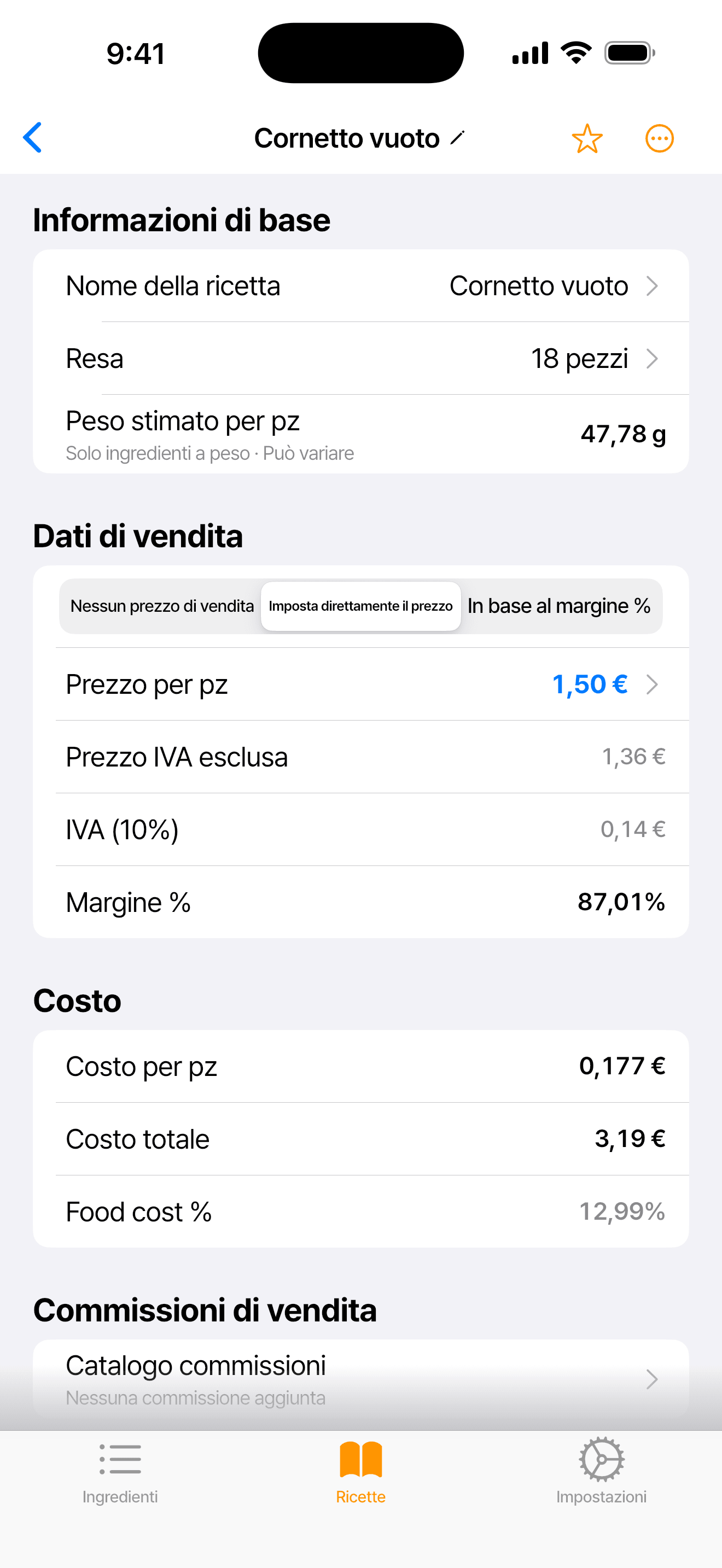 Schermata dell’app con la ricetta Cornetto vuoto: prezzo di vendita IVA inclusa, prezzo IVA esclusa, IVA al 10%, costo al pezzo e food cost