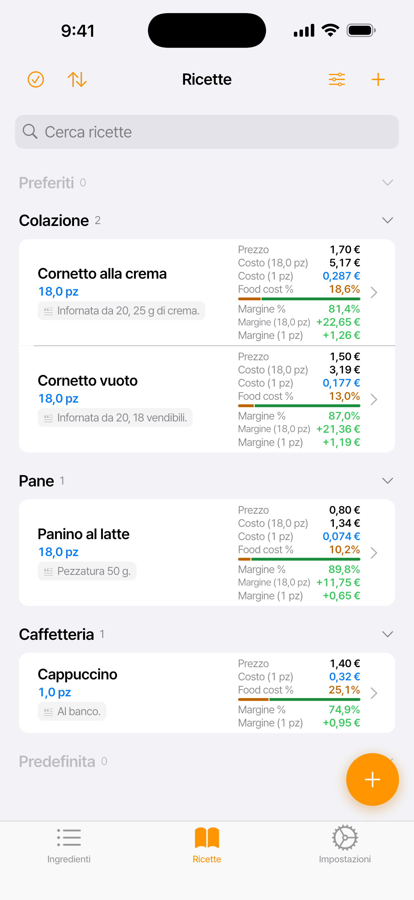 Elenco ricette di un bar-pasticceria (cornetto vuoto, cornetto alla crema, panino al latte, cappuccino) con costo e quanto resta per pezzo