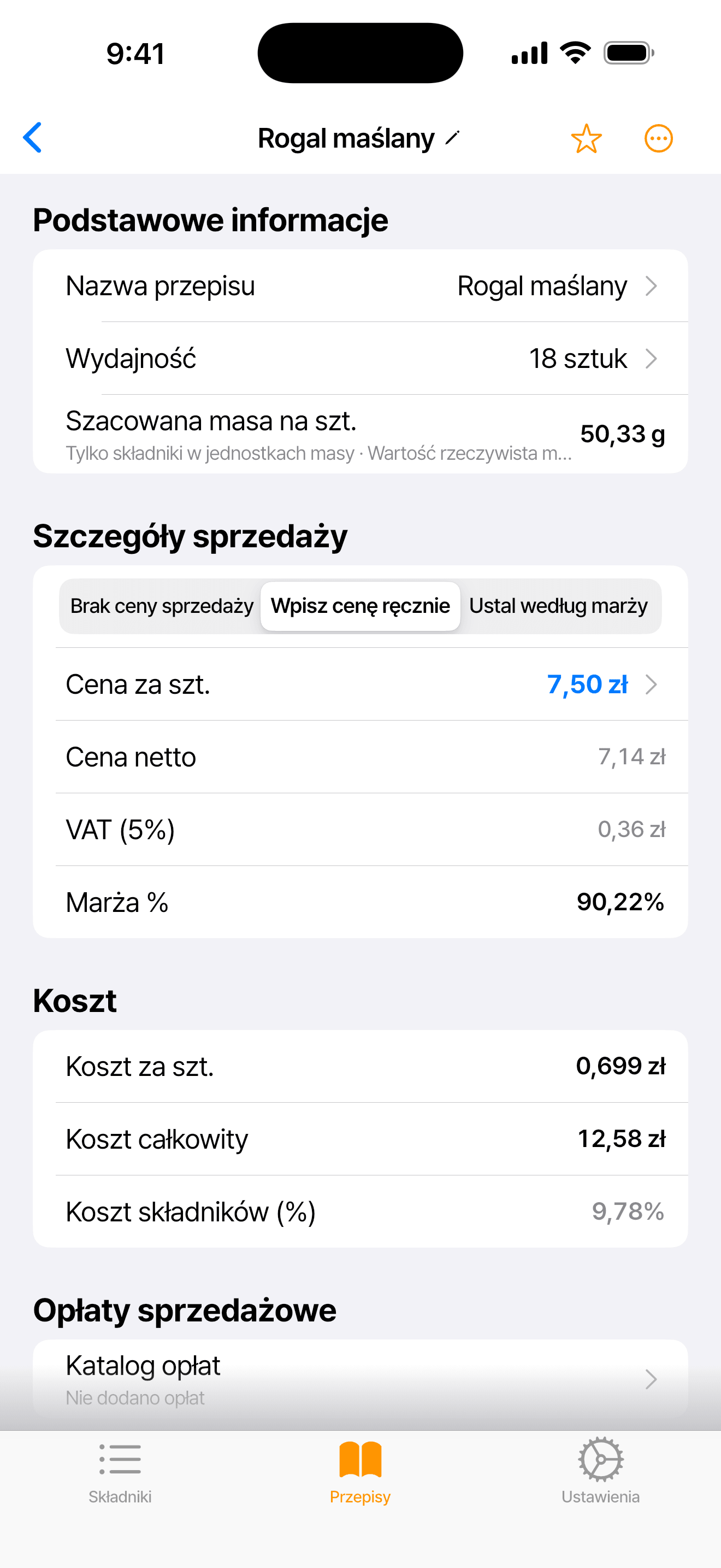 Ekran aplikacji z przepisem Rogal maślany: cena sprzedaży brutto, cena netto, VAT 5%, koszt sztuki i udział kosztu składników