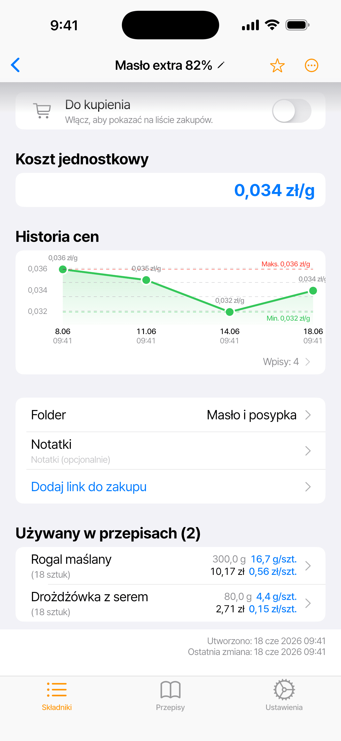 Karta składnika Masło extra 82% z kosztem jednostkowym, historią cen i recepturami, które go używają