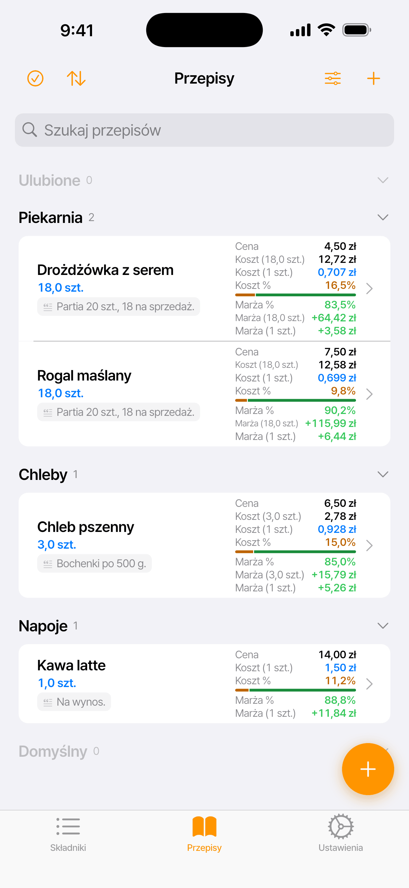 Lista receptur piekarni (rogal maślany, drożdżówka z serem, chleb pszenny, kawa latte) z kosztem i tym, ile zostaje na sztuce