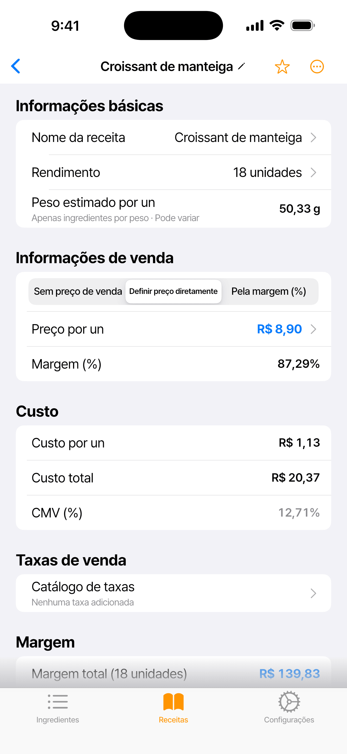 Tela do app com a receita Croissant de manteiga: preço por unidade, margem, custo por unidade e CMV