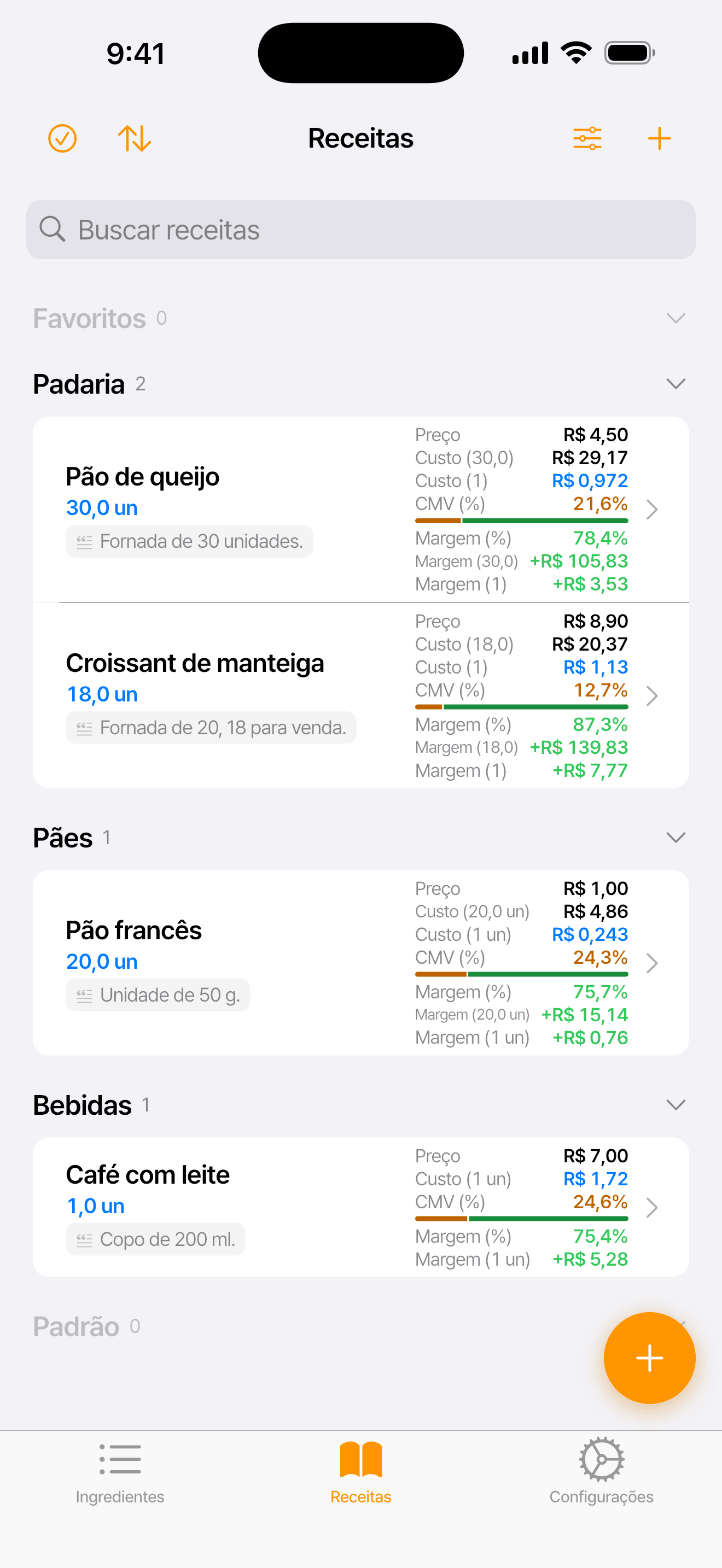Lista de receitas com o croissant de manteiga: preço, custo por unidade e quanto sobra por unidade