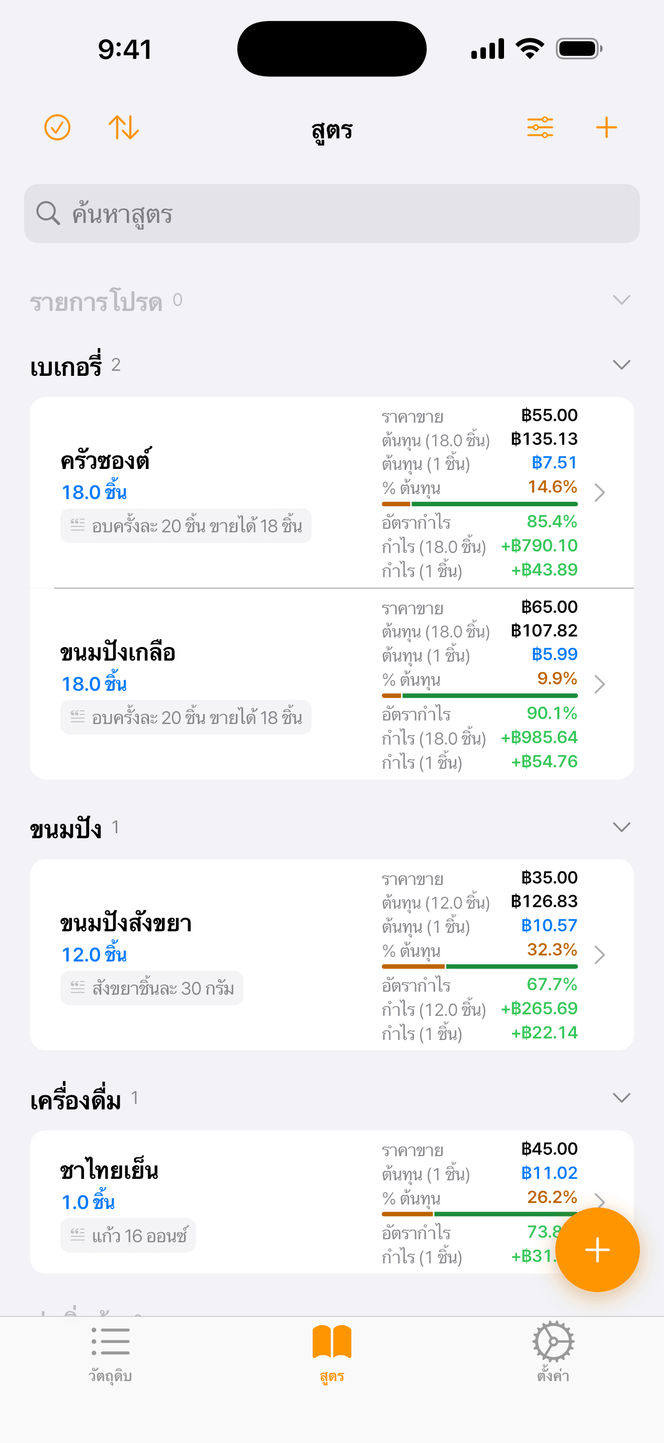 รายการสูตรที่มีขนมปังเกลือ พร้อมราคาขาย ต้นทุนต่อชิ้น และเงินที่เหลือต่อชิ้น